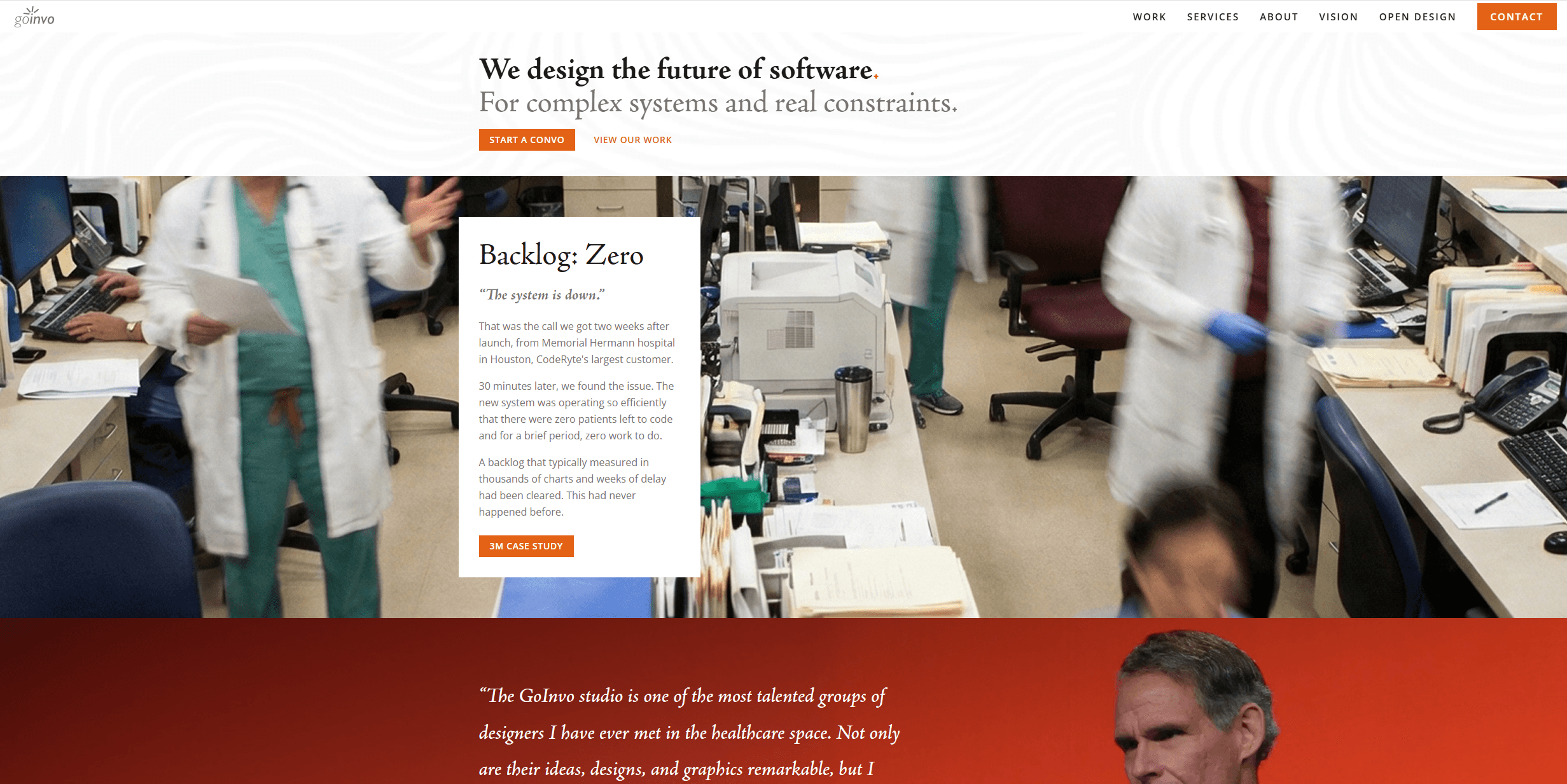 GoInvo homepage showing hero section, featured case study, and client testimonial