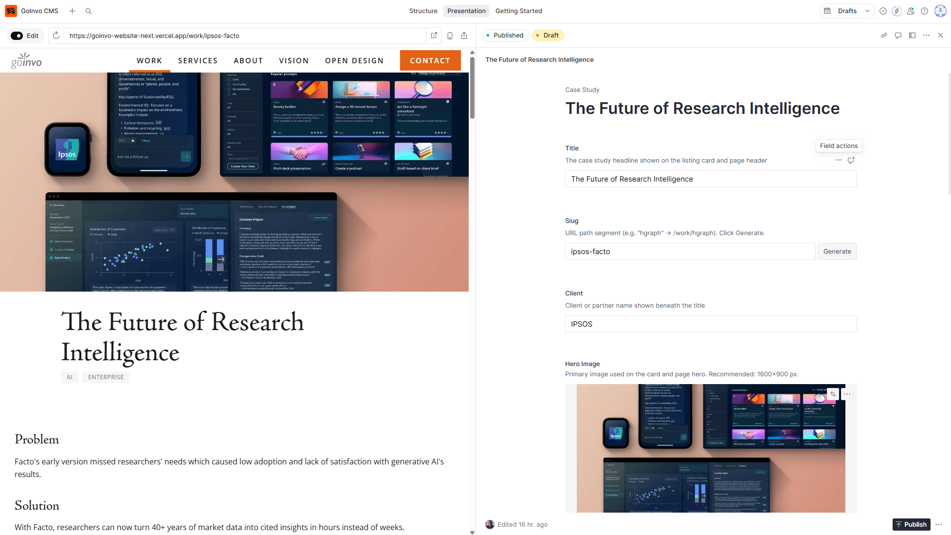 Sanity Studio showing side-by-side live preview and content editing for a case study