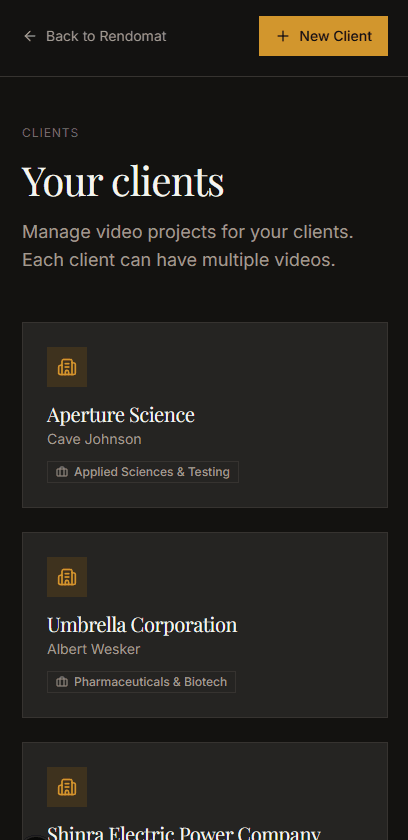 Rendomat mobile view — clients list