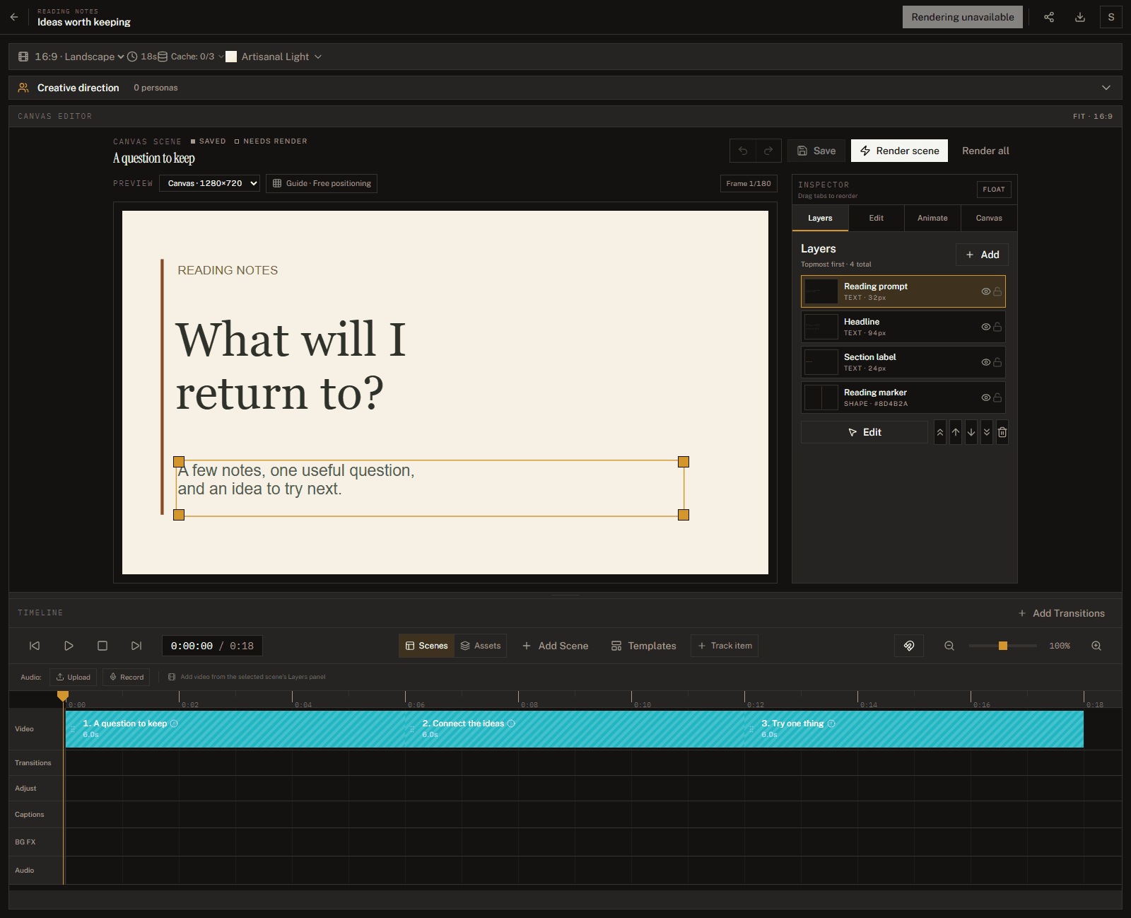 Rendomat canvas editor with a selected text layer, layer inspector and three scenes arranged on the timeline