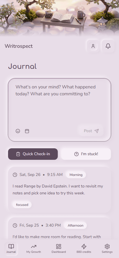 Writrospect mobile journal in Zen Garden with reading notes on Range and quick-check-in controls
