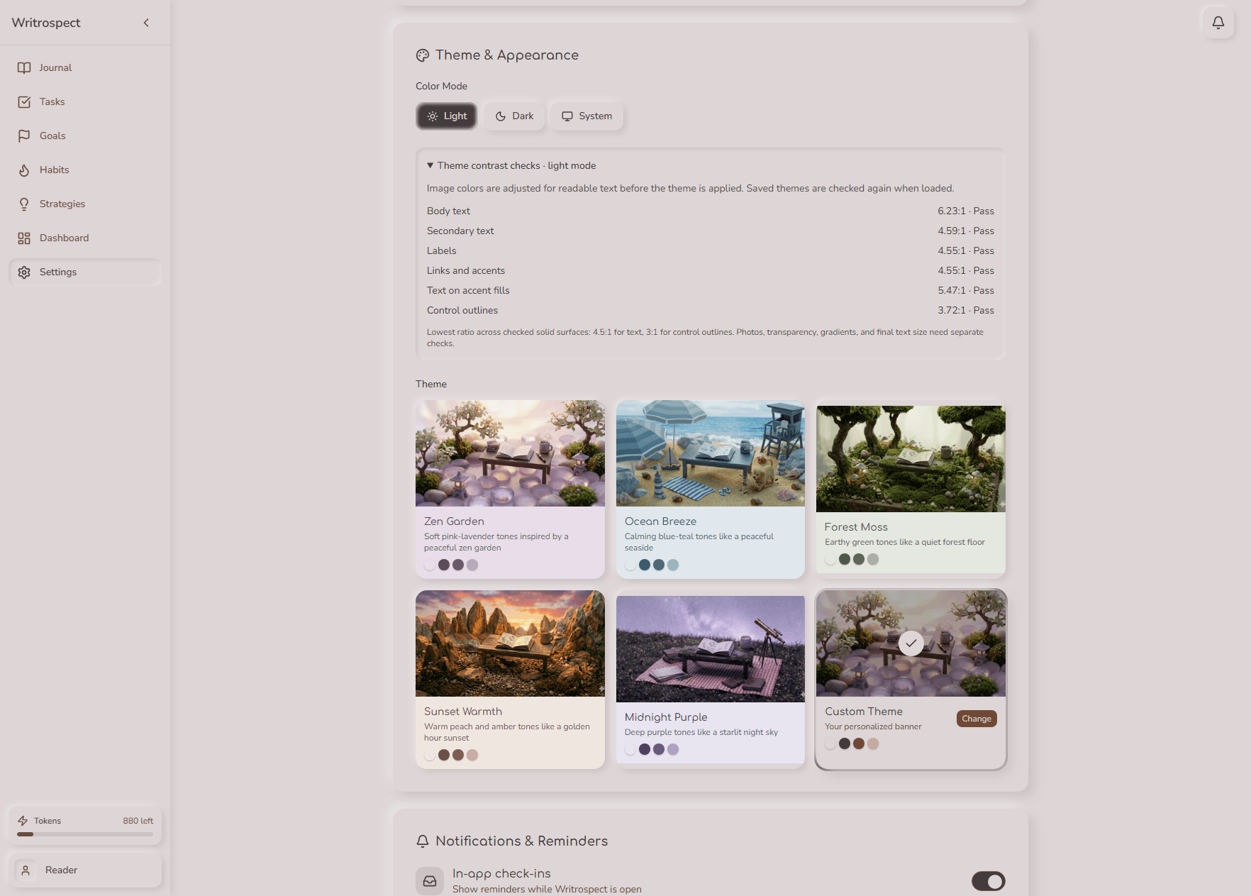 Writrospect actual theme settings after image upload, showing measured contrast checks and the generated custom theme